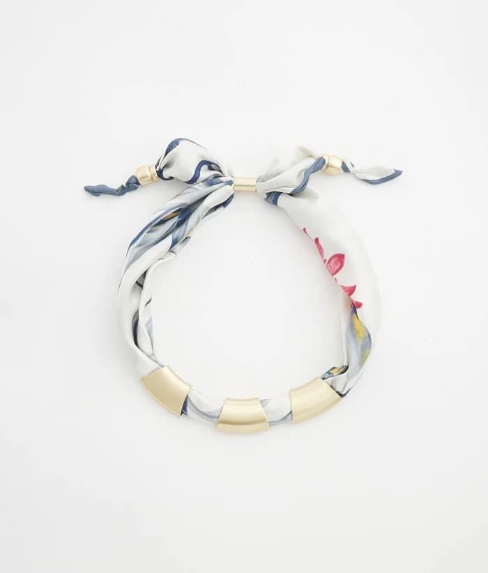 Scarf necklace with metal hardware