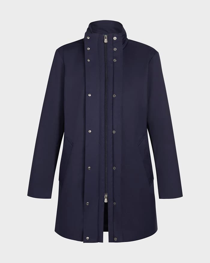 Navy coat with clean product silhouette